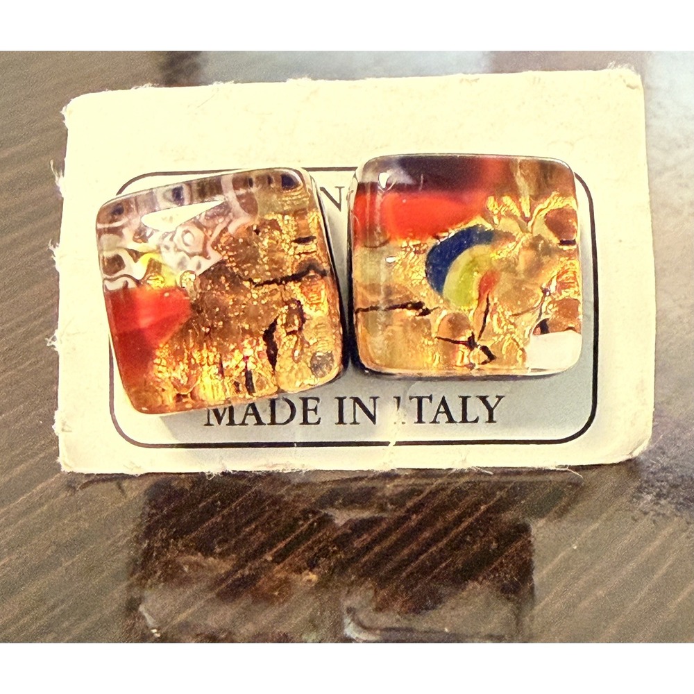 Gorgeous Vintage Italy Murano Glass Square Earrings Gold Foil Sparkly - Picture 1 of 2